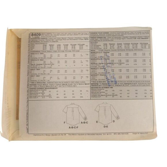 McCalls Sewing Pattern 8409 Mens Western Style Button-Up Shirts Size Z (Xlg-Xxl- - Picture 3 of 7